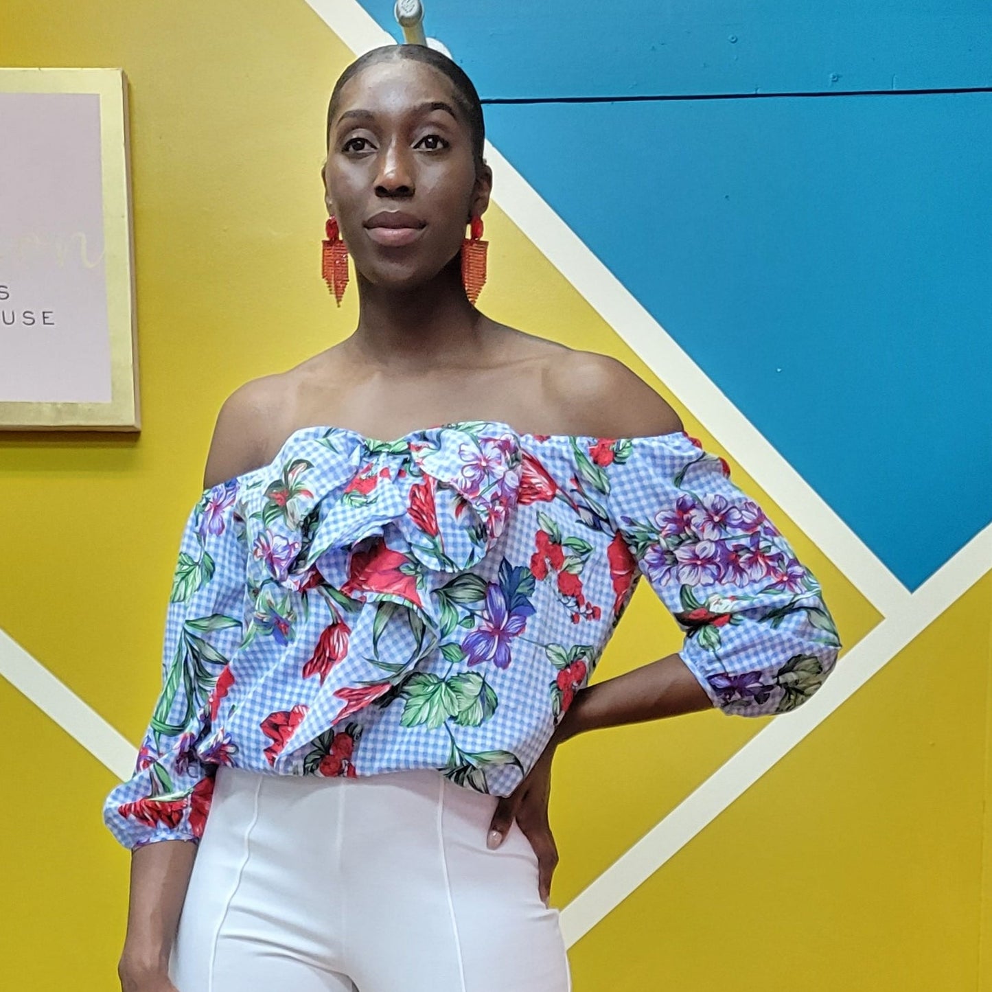Island breeze Gingham & Floral print off the Shoulder top