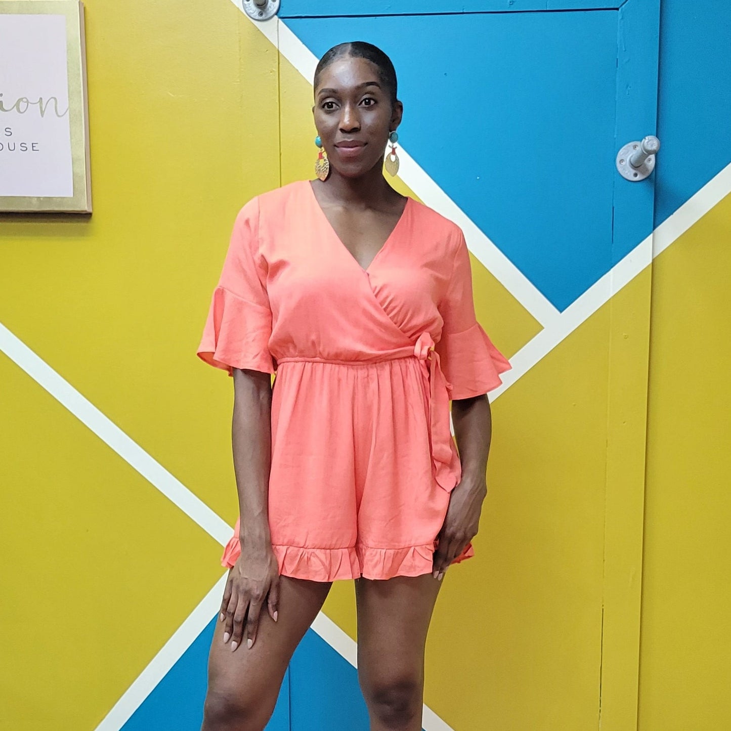 Short Sleeve V-Neck Ruffled Romper