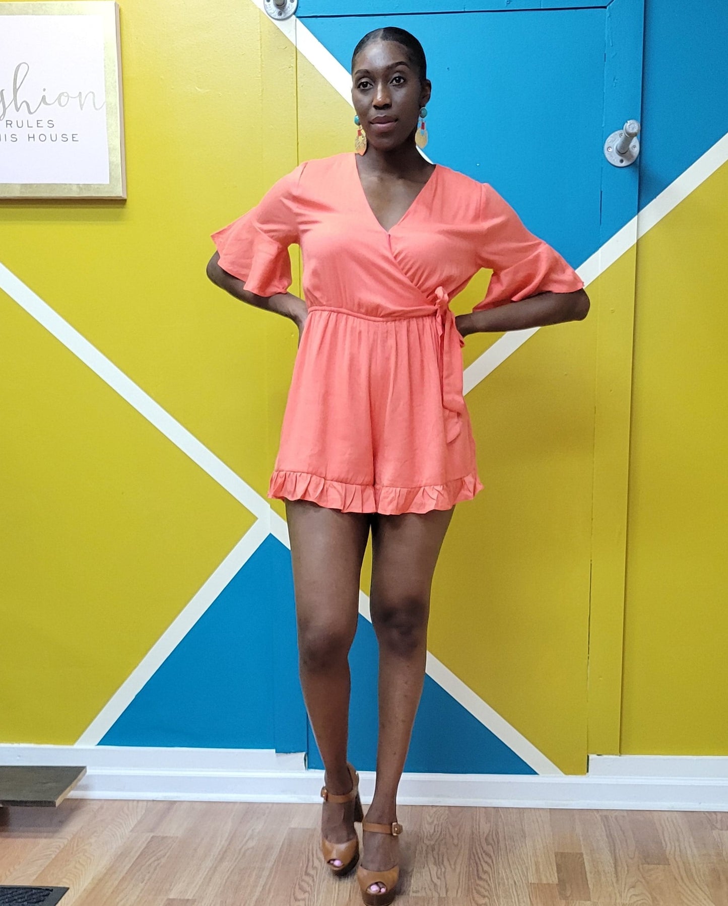 Short Sleeve V-Neck Ruffled Romper