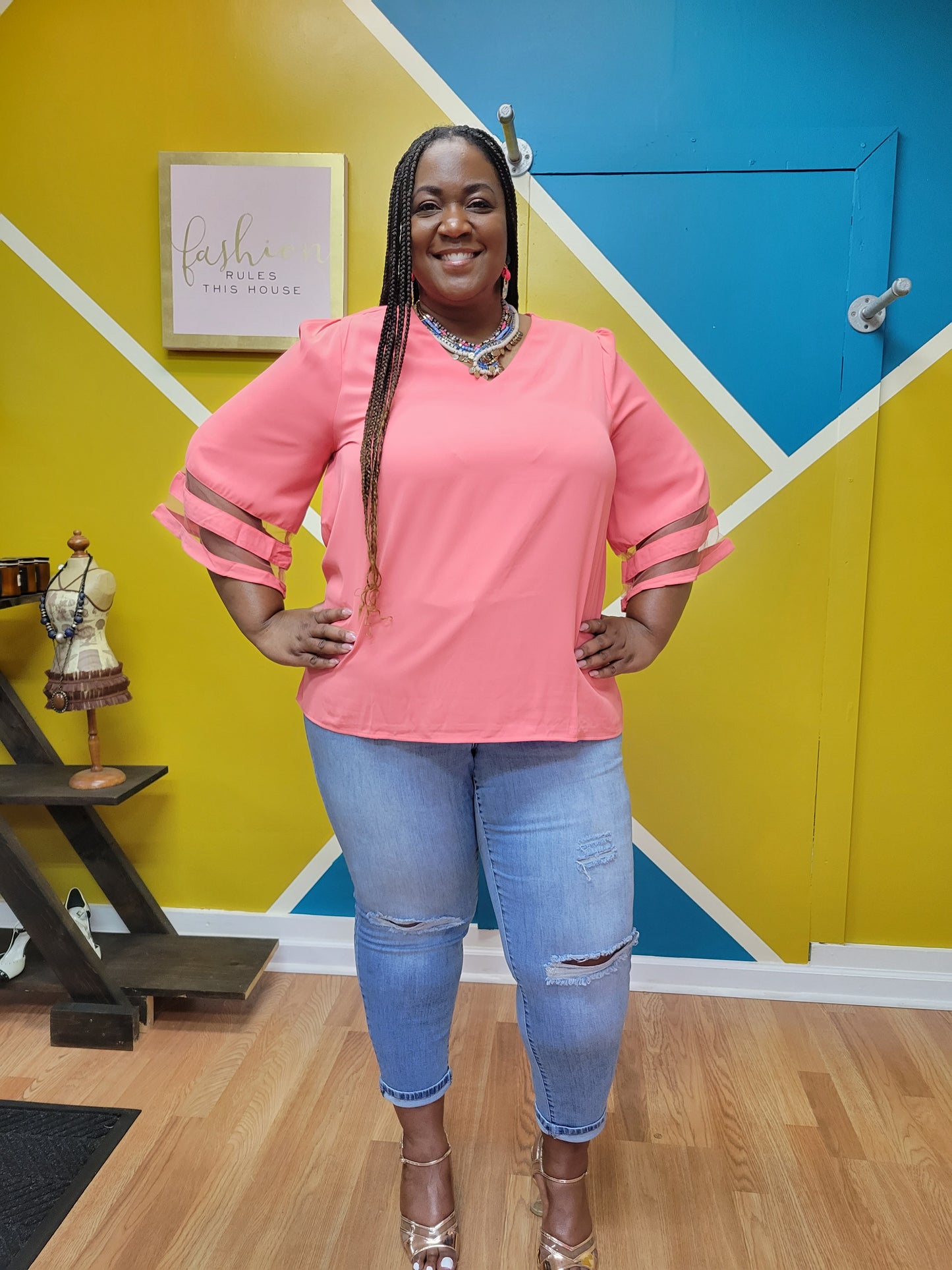 Mesh Panel Bell Sleeve Top