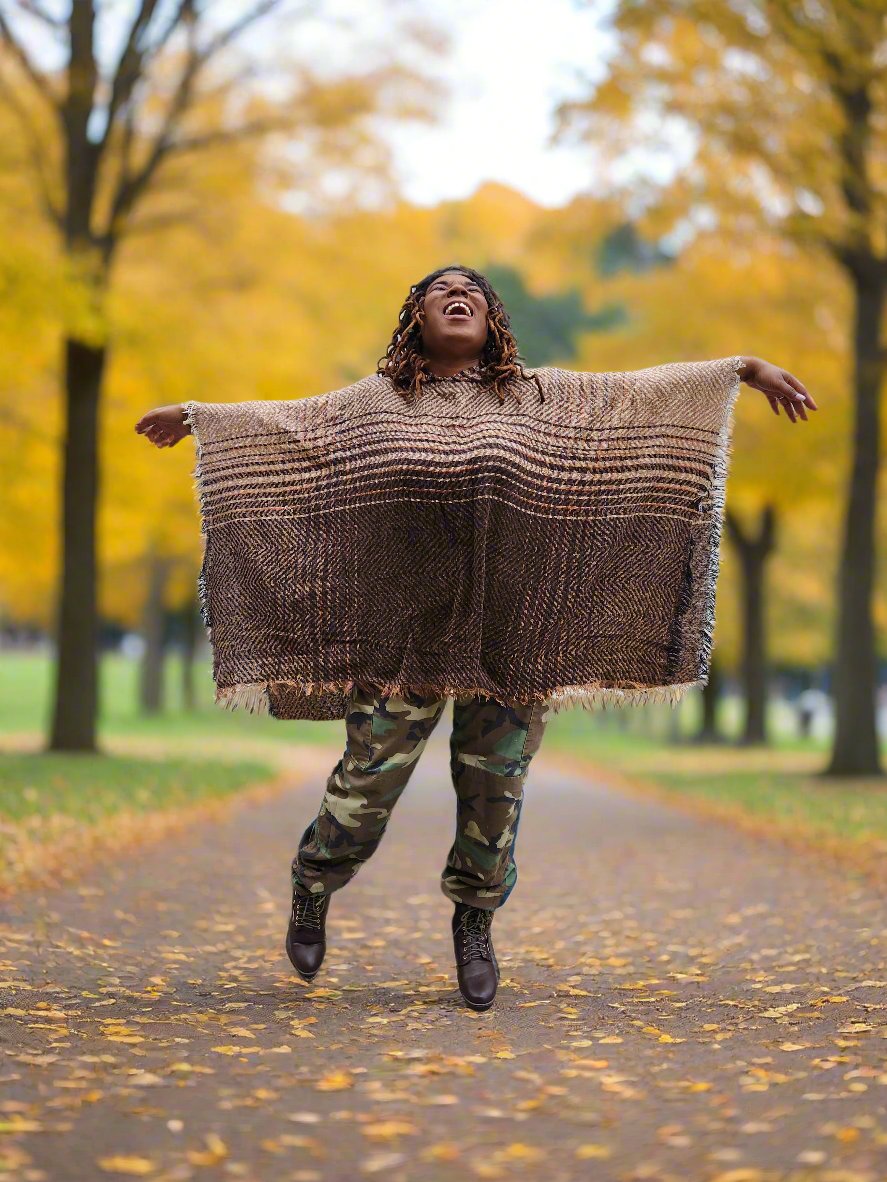 Herringbone Tweed Hooded Frayed Edge Poncho