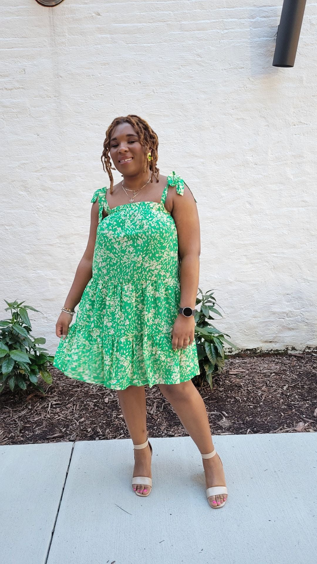 Patterned Tie Shoulder Tiered Dress