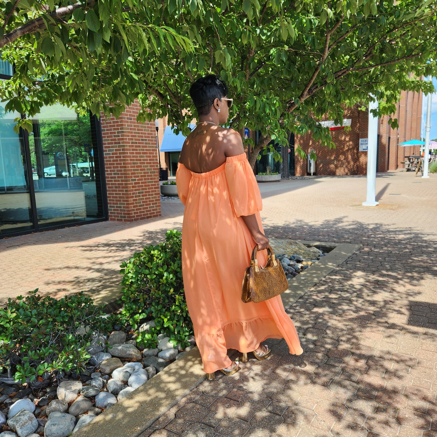 Peach Chiffon Off the Shoulder Maxi Dress