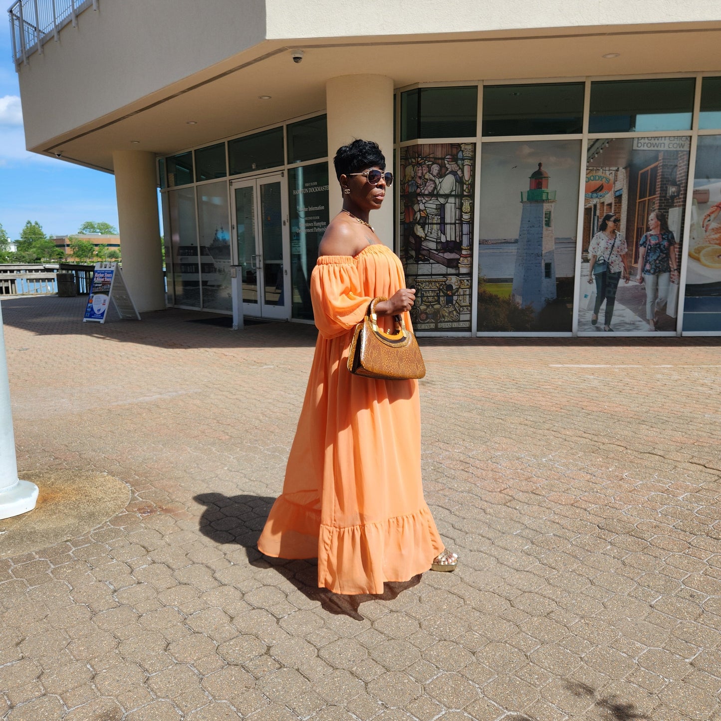 Peach Chiffon Off the Shoulder Maxi Dress