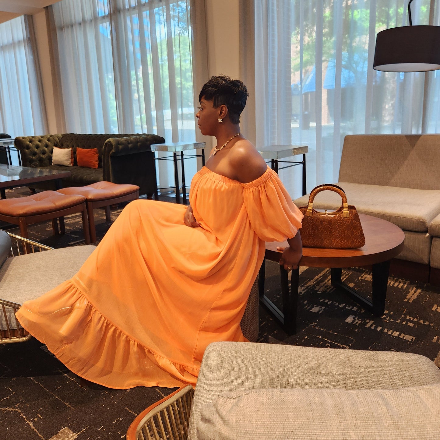 Peach Chiffon Off the Shoulder Maxi Dress