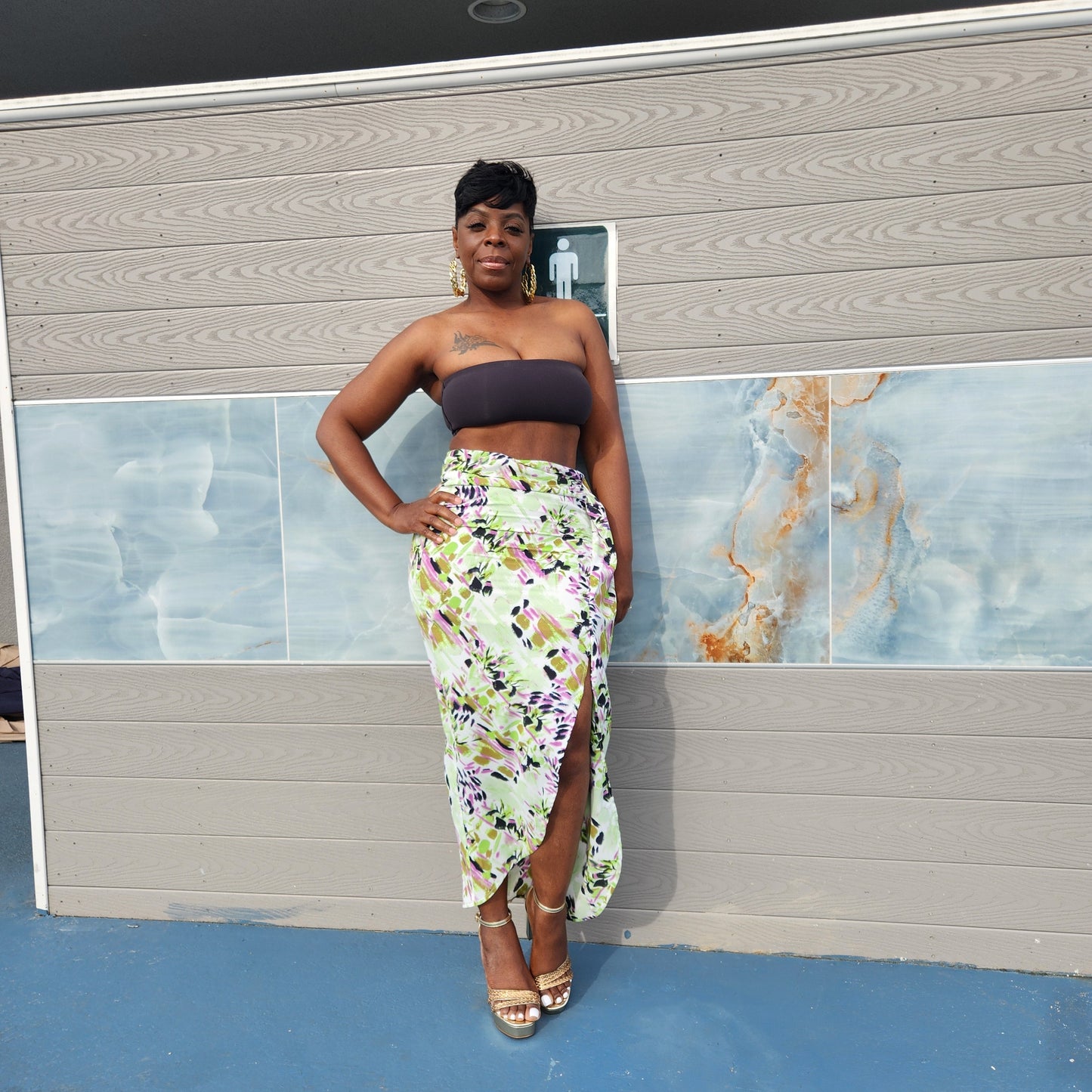 Satin print high waisted wrap-style skirt