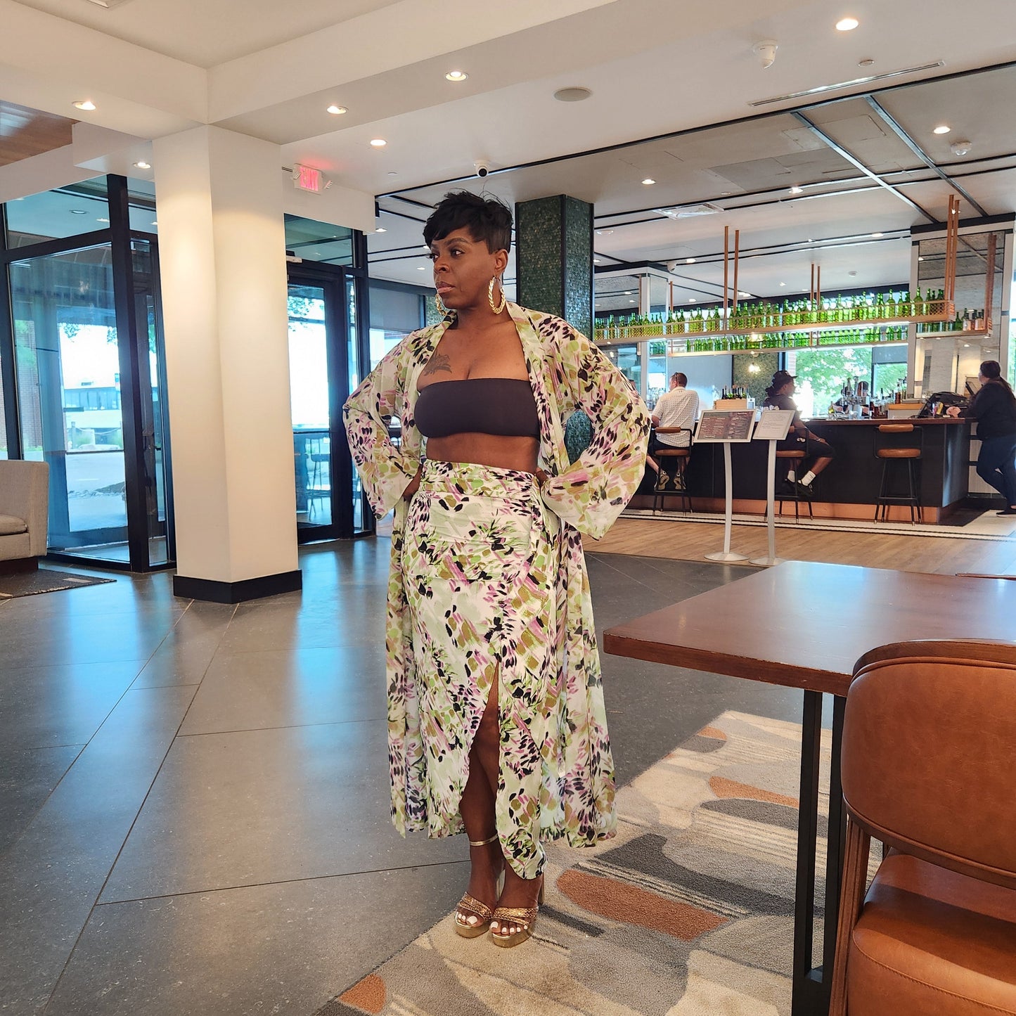 Satin print high waisted wrap-style skirt