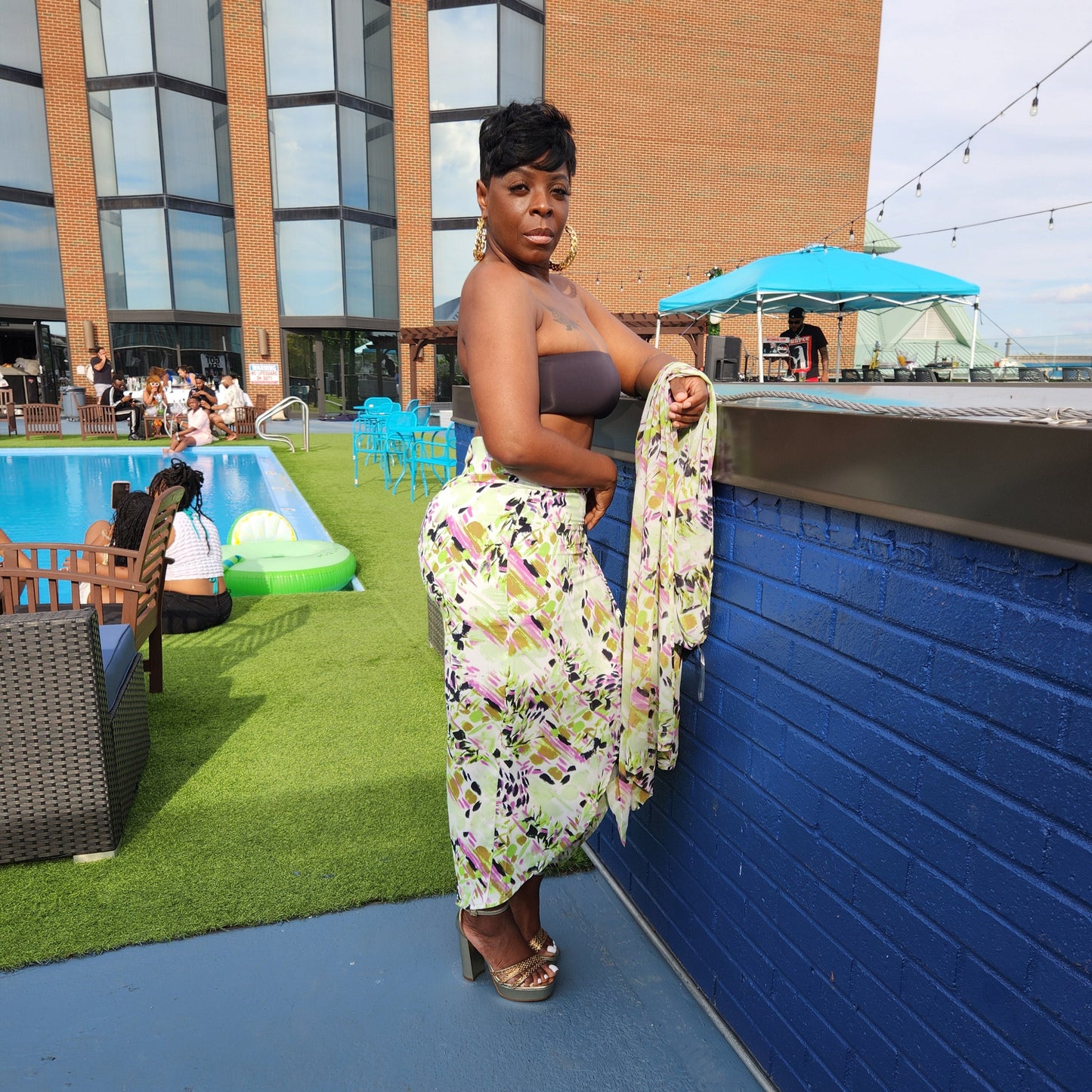 Satin print high waisted wrap-style skirt