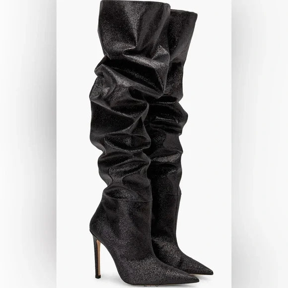 GOOD AMERICAN SLOUCH OVER THE KNEE BLACK GLITTER BOOTS