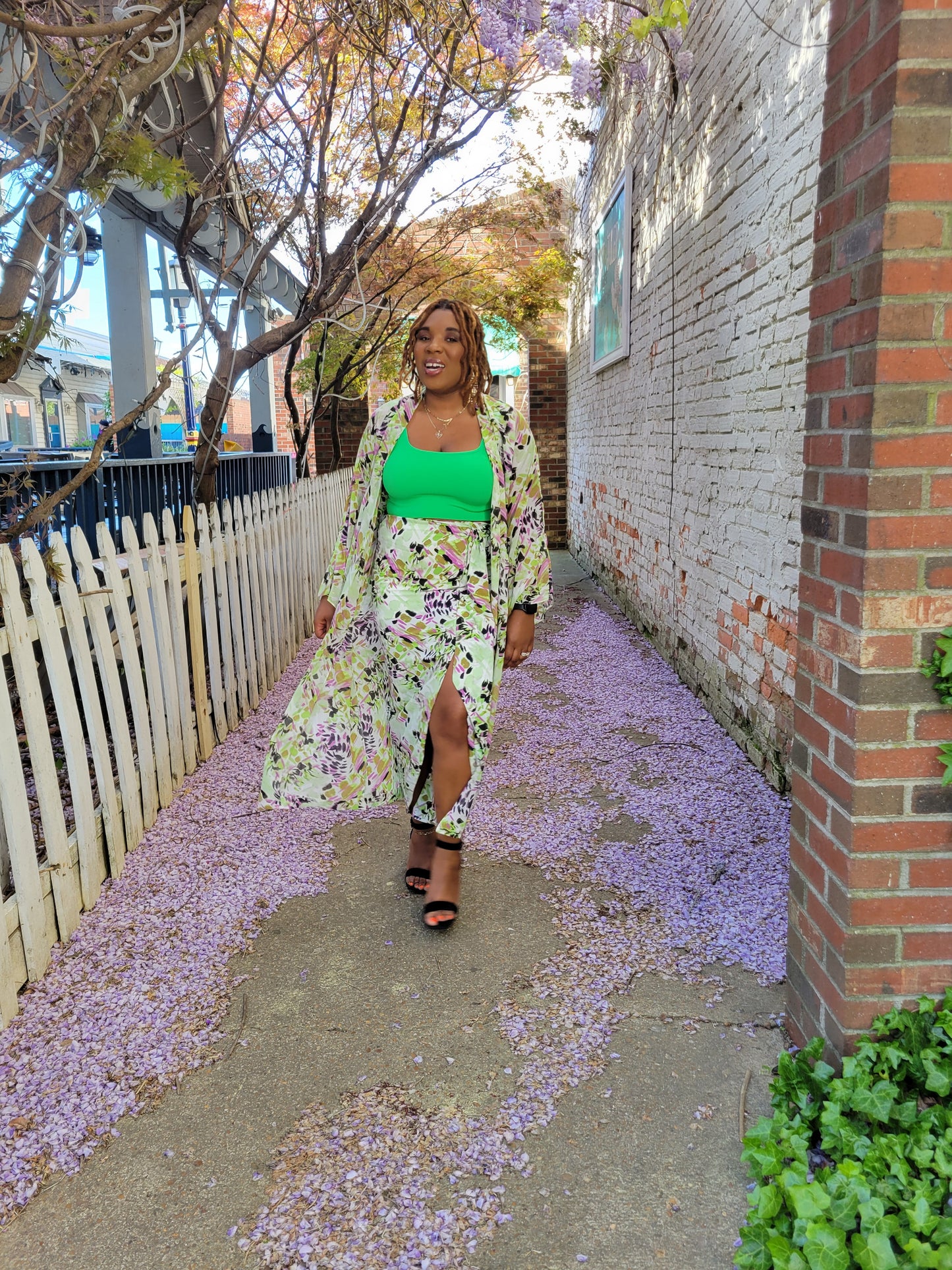 Satin print high waisted wrap-style skirt