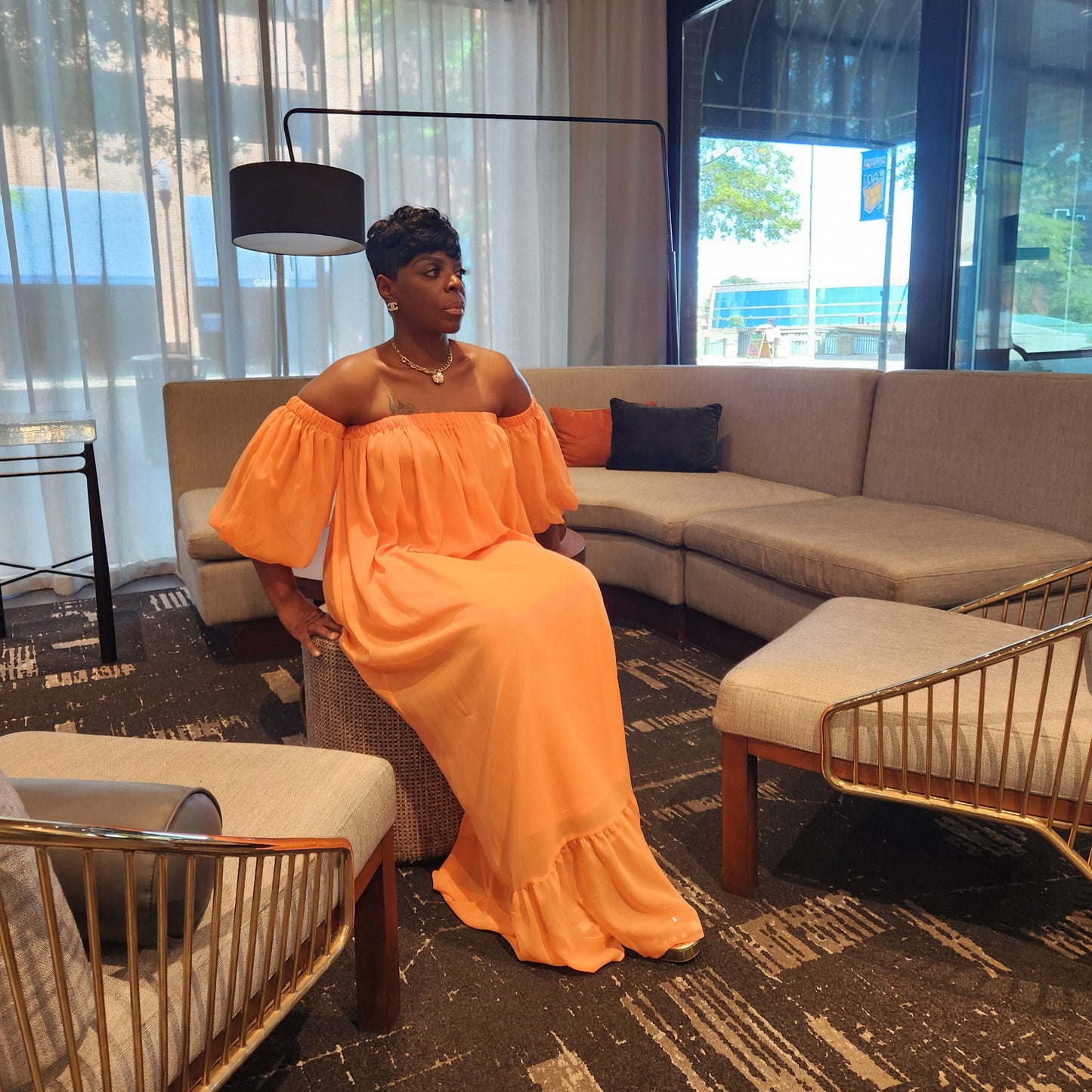 Peach Chiffon Off the Shoulder Maxi Dress