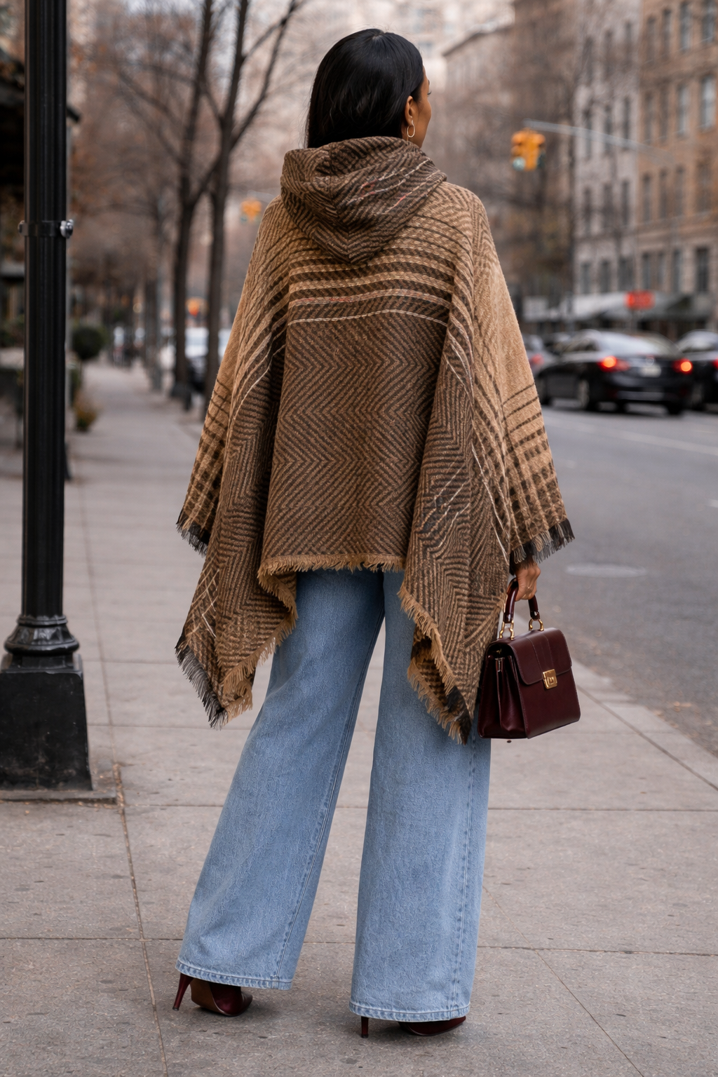 Herringbone Tweed Hooded Frayed Edge Poncho