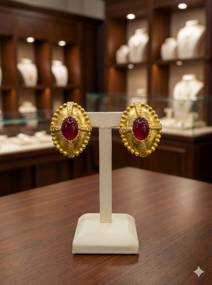 Golden Cabochon Clip Earrings