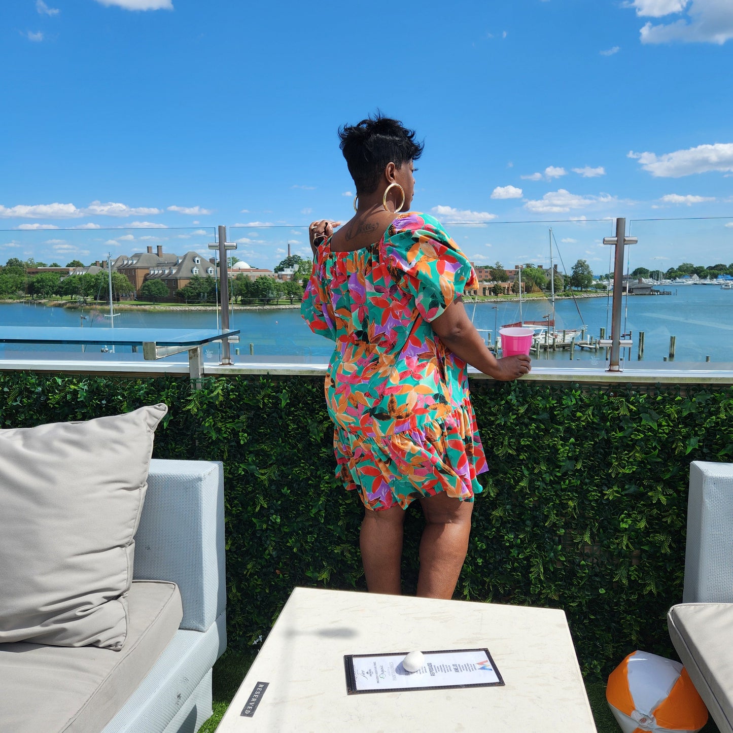 Floral print square neck tiered mini dress