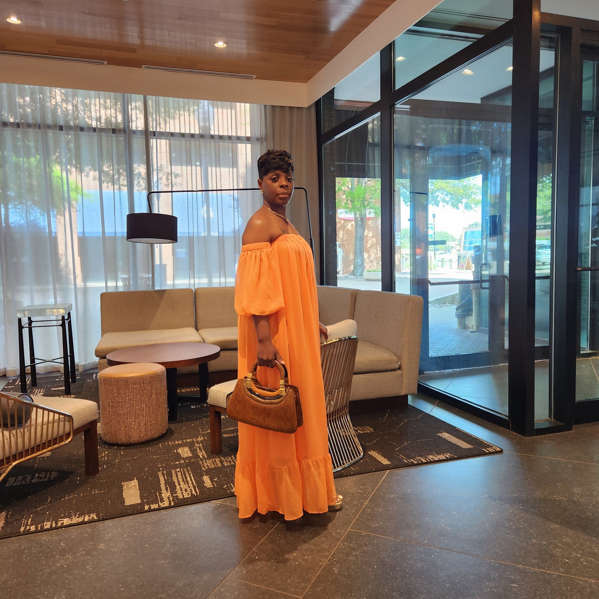 peach off the shoulder maxi dress PALMER MAXI DRESS