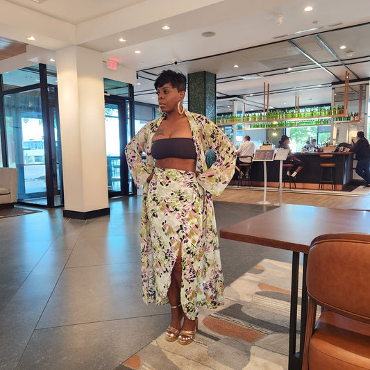 Satin print high waisted wrap-style skirt