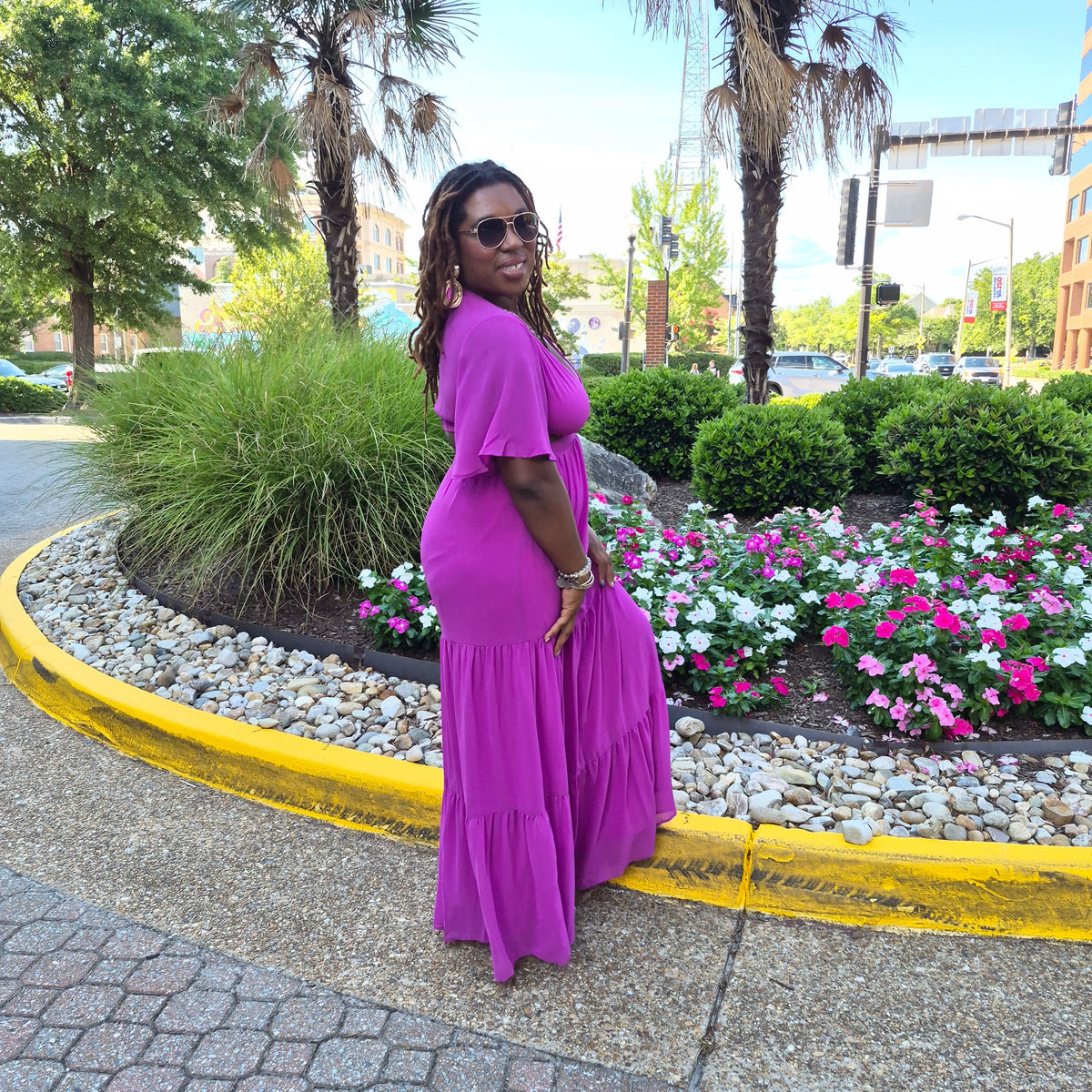 Sleeved V Neck Tiered Maxi Dress