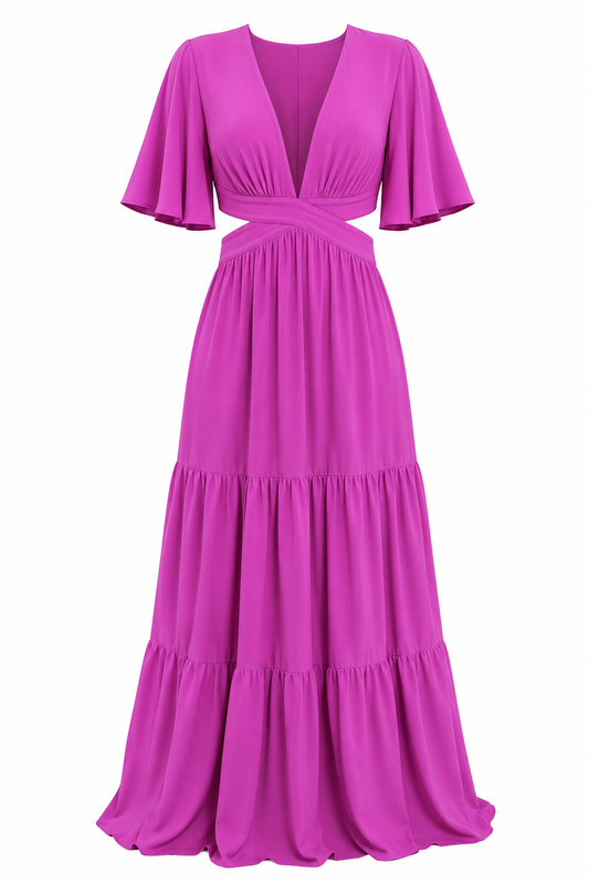 Sleeved V Neck Tiered Maxi Dress