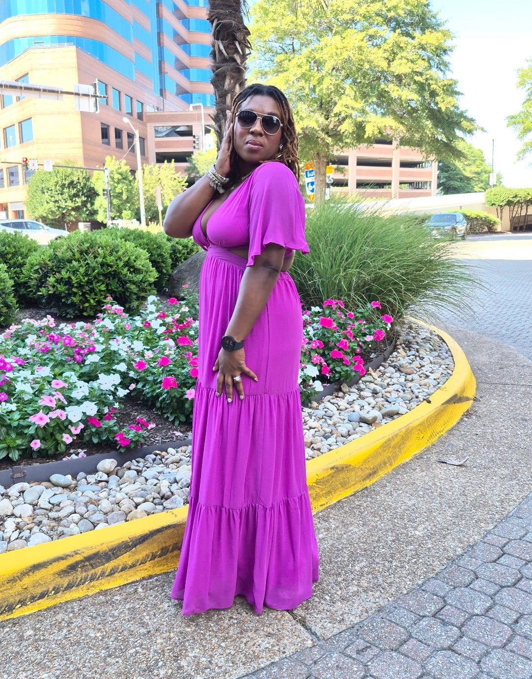 Sleeved V Neck Tiered Maxi Dress