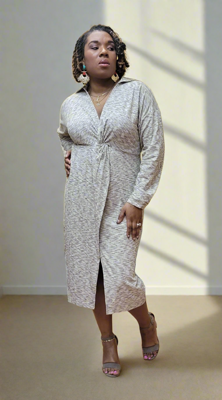 Taupe Yarn Dye Rib Knit & Twist Waist Dress