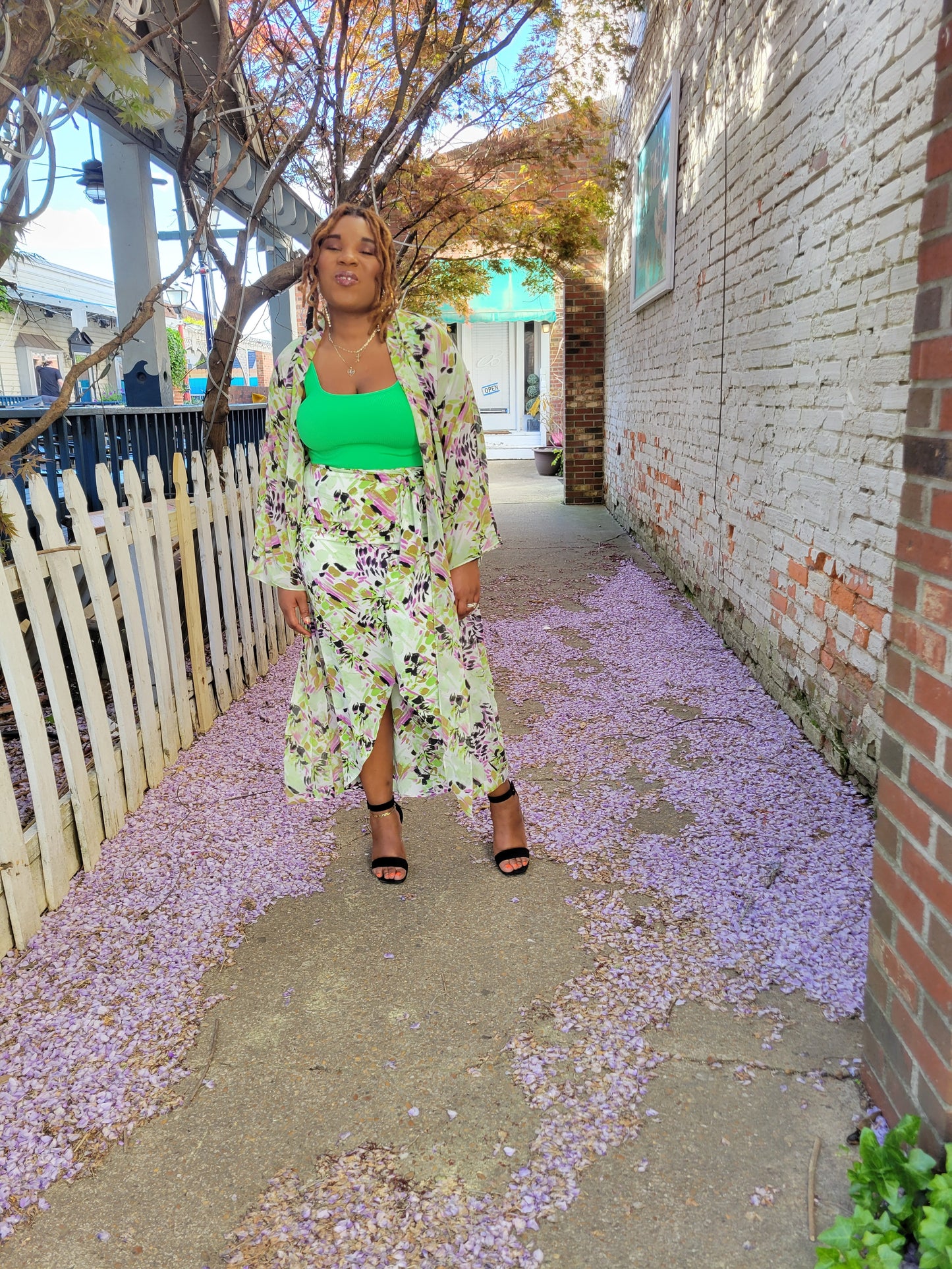 Satin print high waisted wrap-style skirt