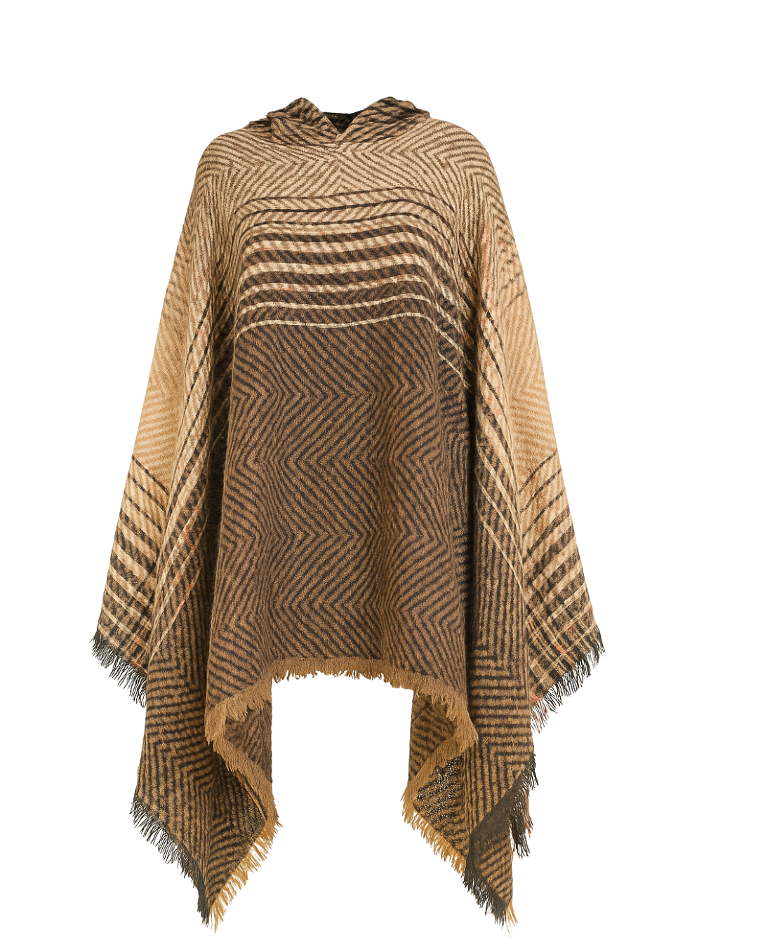 Herringbone Tweed Hooded Frayed Edge Poncho