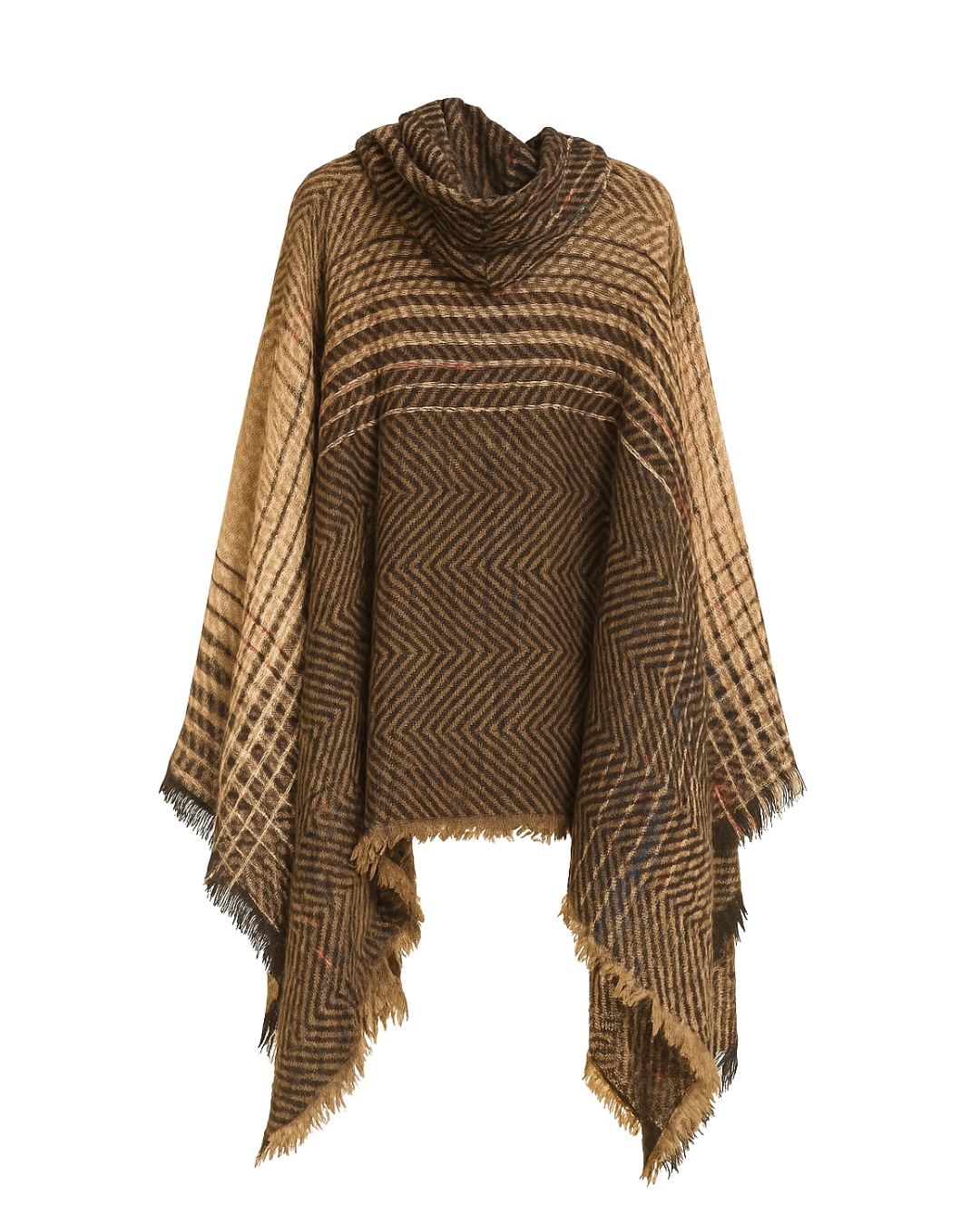 Herringbone Tweed Hooded Frayed Edge Poncho