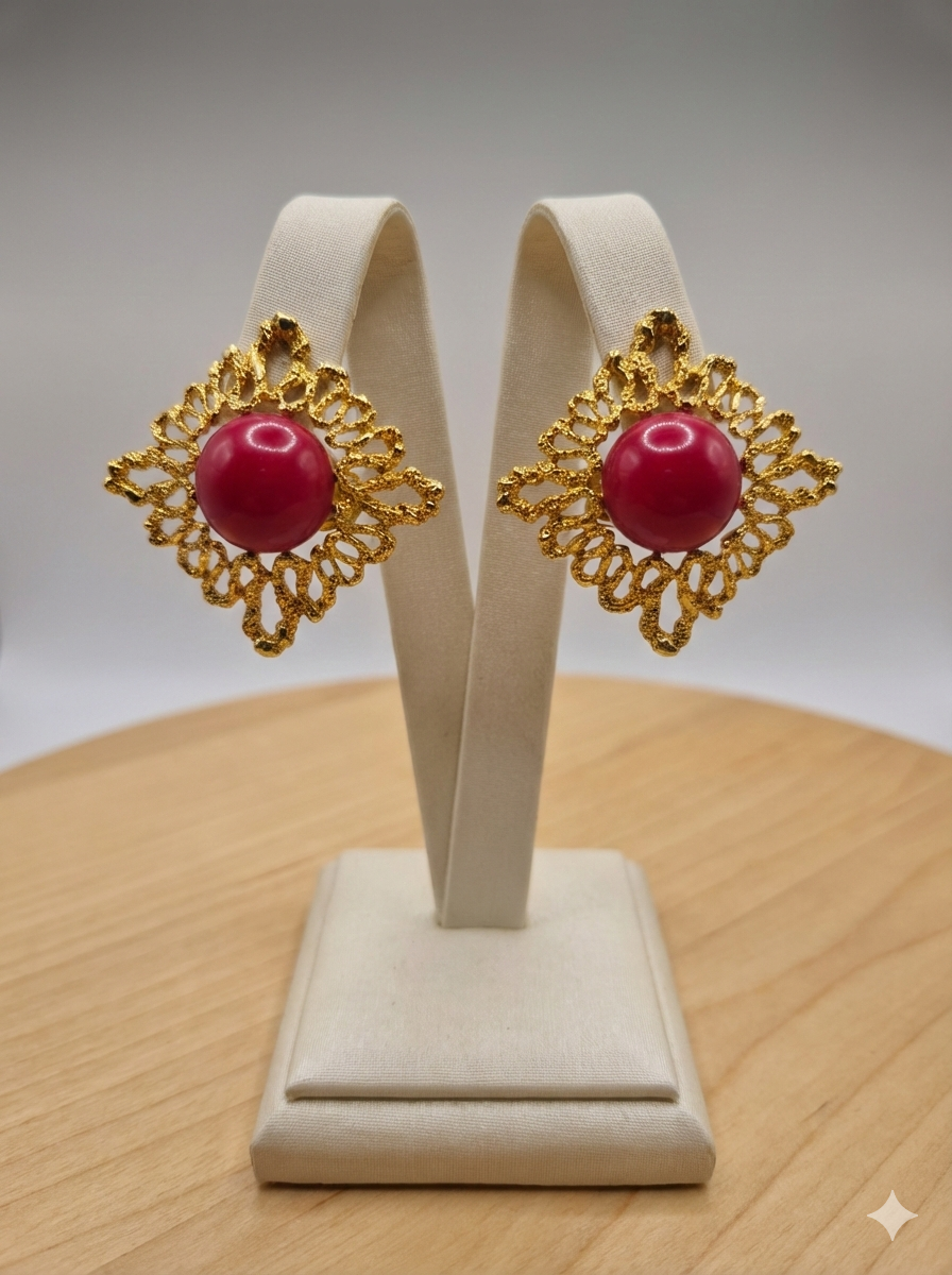 Gold Avon Clip on Earrings with Red Cabachon
