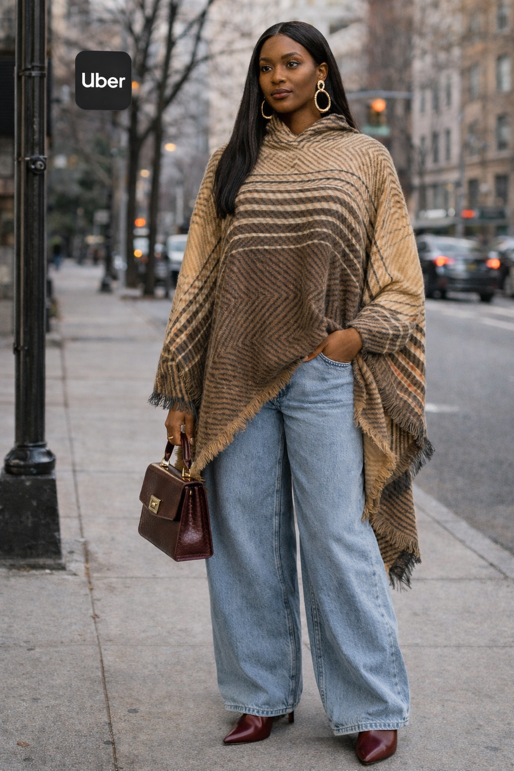 Herringbone Tweed Hooded Frayed Edge Poncho