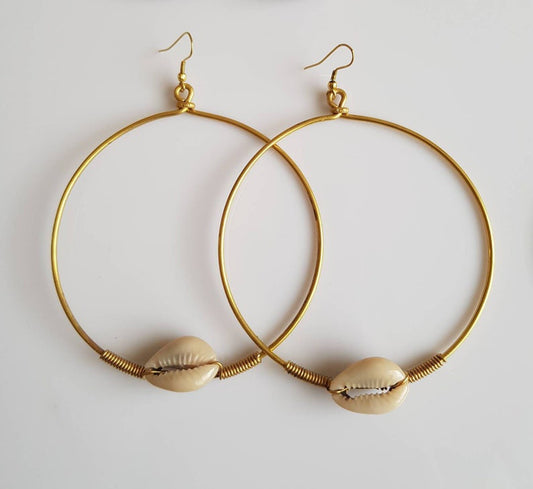 Brass Hoop Cowrie shell earrings